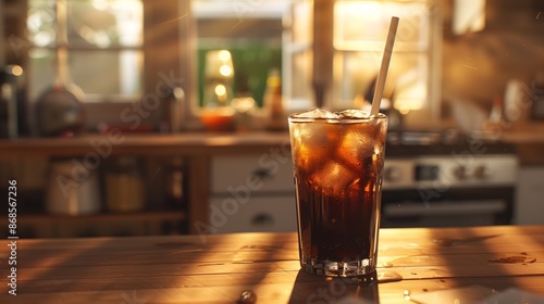 a glass of iced americano with white straw. The kitchen is warm and the ambient light is warm. Advertising style. Natural lighting coming through the window. Warm sunset lighting. Realistic definition