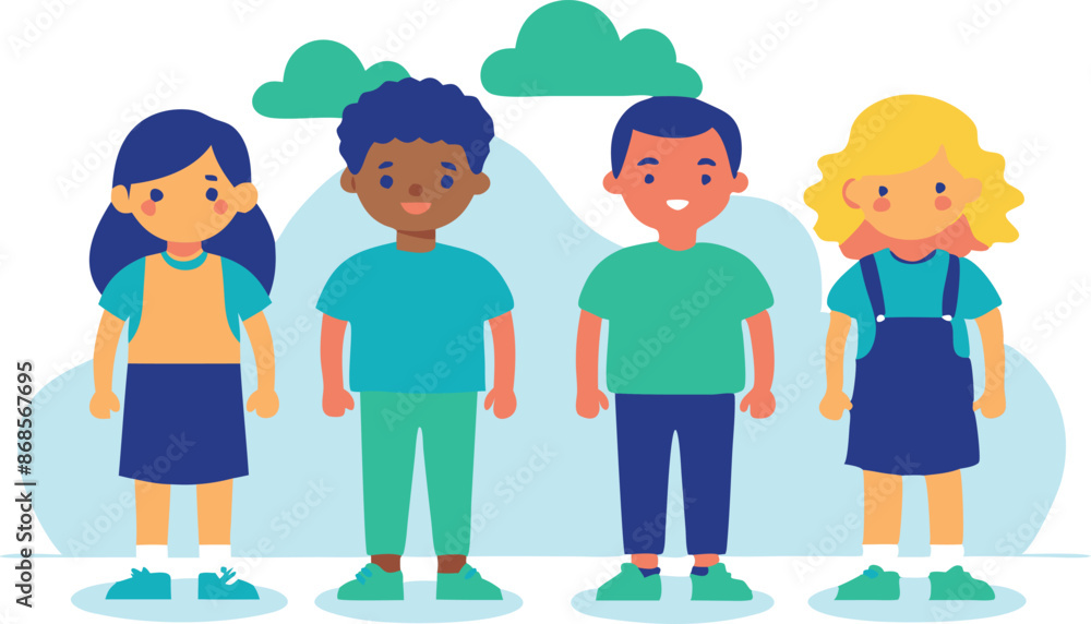 Colorful illustration of diverse children standing side by side, smiling. Represents friendship, diversity, and happiness. Colorful illustration of diverse children standing side by side, smiling. Represents friendship, diversity, and happiness.