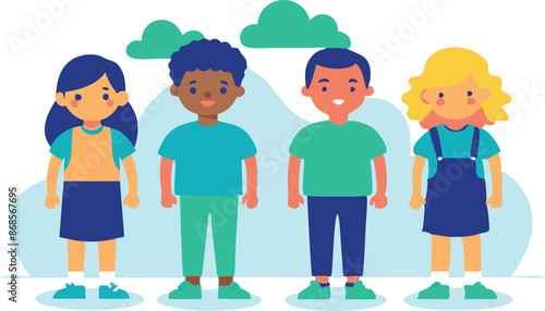 Colorful illustration of diverse children standing side by side, smiling. Represents friendship, diversity, and happiness.