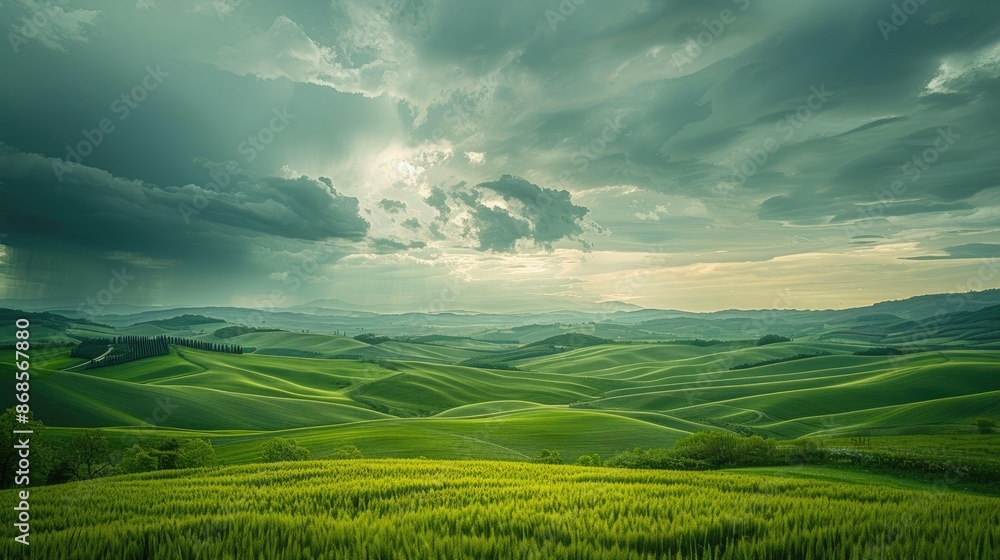 A stunning panorama of rolling hills and farmland under a dramatic sky A stunning panorama of rolling hills and farmland under a dramatic sky