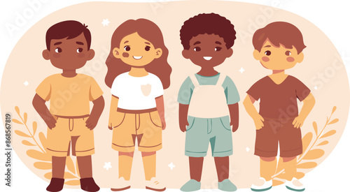 Illustration depicting a diverse group of four happy children standing together, smiling and expressing friendship.