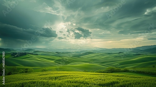A stunning panorama of rolling hills and farmland under a dramatic sky