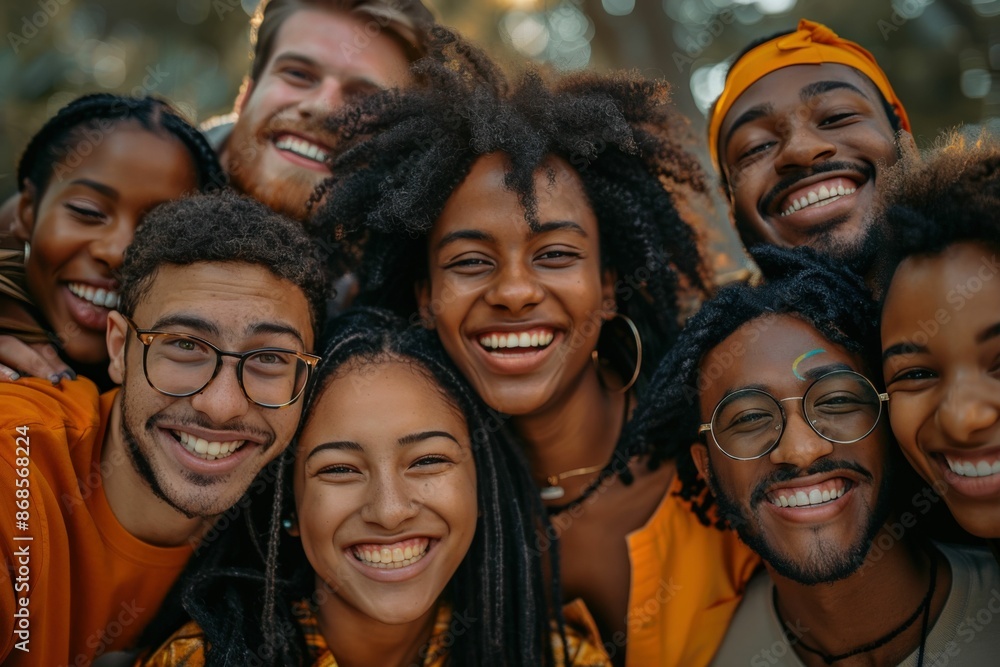 Diverse Group of Friends Smiling and Enjoying Time Together Outdoors in a Park Setting Diverse Group of Friends Smiling and Enjoying Time Together Outdoors in a Park Setting