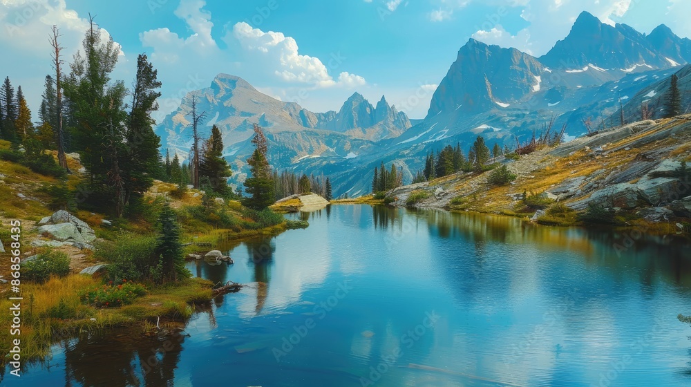 Fototapeta premium A tranquil alpine lake surrounded by rugged mountains and pine trees