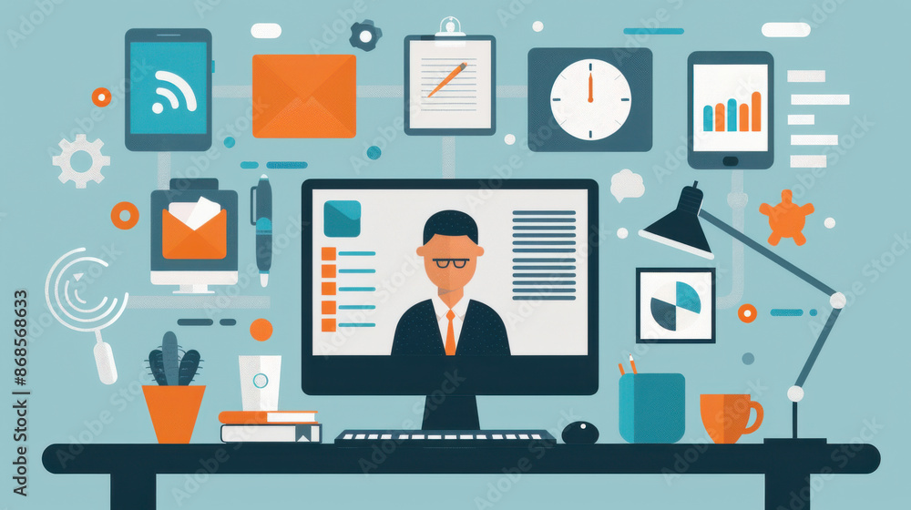 Virtual meeting workspace with digital communication tools and office supplies. Virtual meeting workspace with digital communication tools and office supplies.