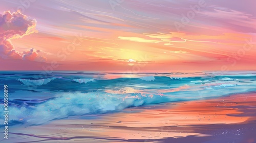 A tranquil beach at sunset with colorful skies and gentle waves
