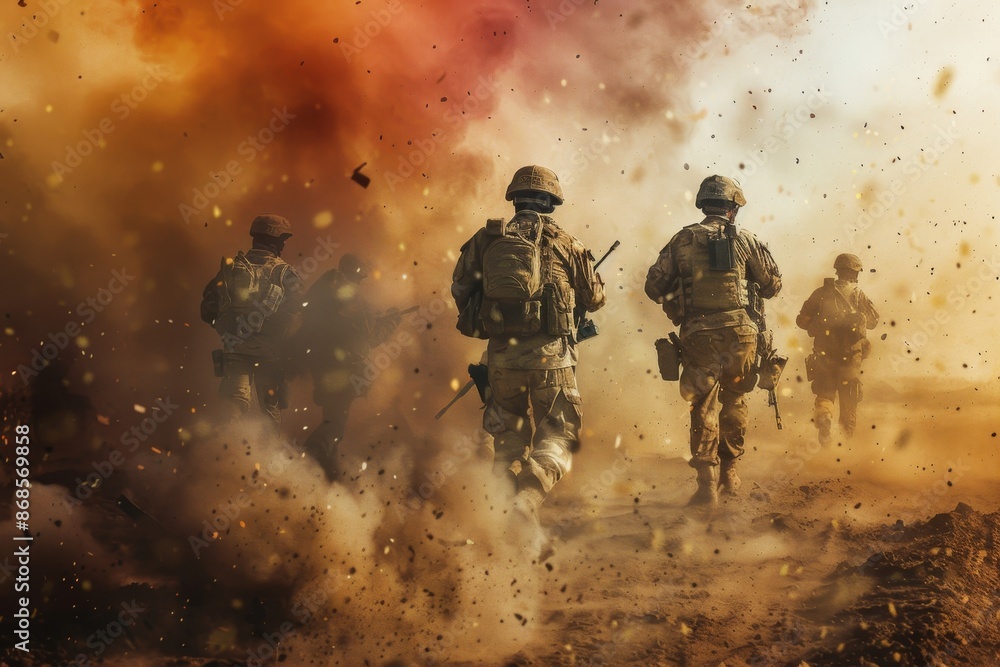 Tactical military unit moving forward in formation during a strategic warfare operation Tactical military unit moving forward in formation during a strategic warfare operation