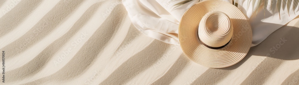 Sunhat and fabric on sandy beach casting striped shadows, creating a serene summer vibe with natural textures and light contrasts. Sunhat and fabric on sandy beach casting striped shadows, creating a serene summer vibe with natural textures and light contrasts.