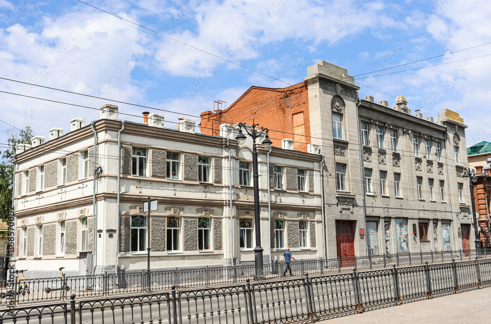 Omsk, Omsk Region, Russian Federation - June 5, 2024. Gymnasium M.V. Kaesh. Ancient houses on Lenin Street Omsk, Omsk Region, Russian Federation - June 5, 2024. Gymnasium M.V. Kaesh. Ancient houses on Lenin Street