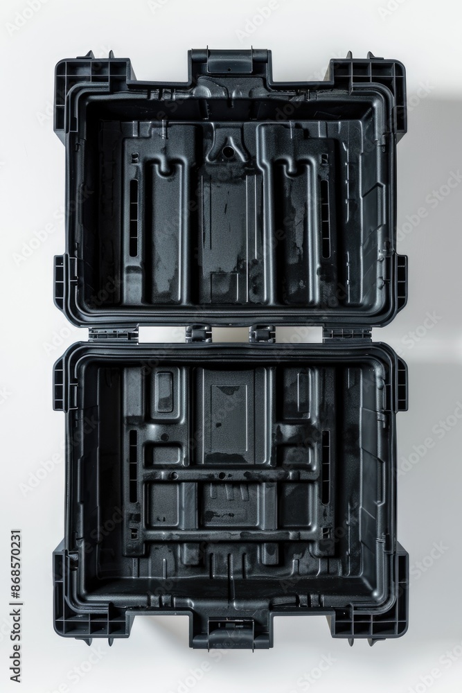 A close-up of a black plastic case with two separate compartments on a white background, suitable for use in product photography or as a prop in commercial settings A close-up of a black plastic case with two separate compartments on a white background, suitable for use in product photography or as a prop in commercial settings