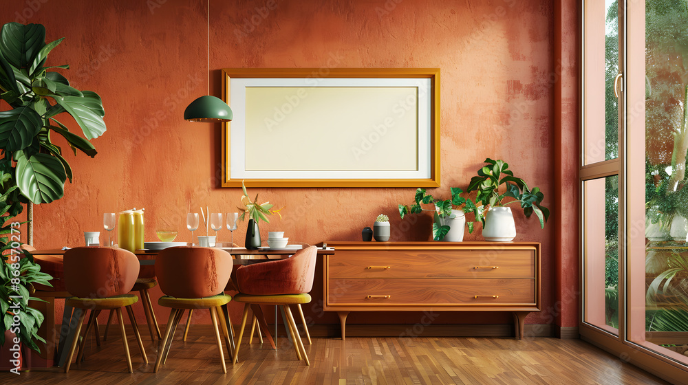 Fototapeta premium Retro, vintage interior design living room, dining room with an empty mockup poster on the wall