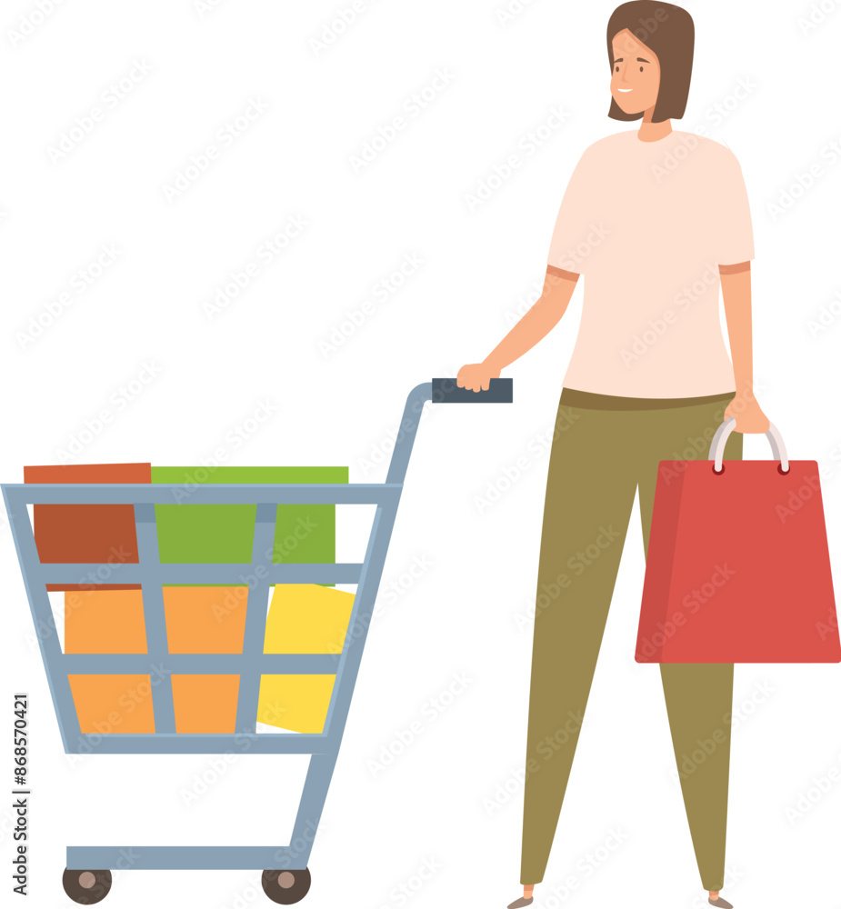Young woman is pushing a shopping cart full of groceries and holding a shopping bag