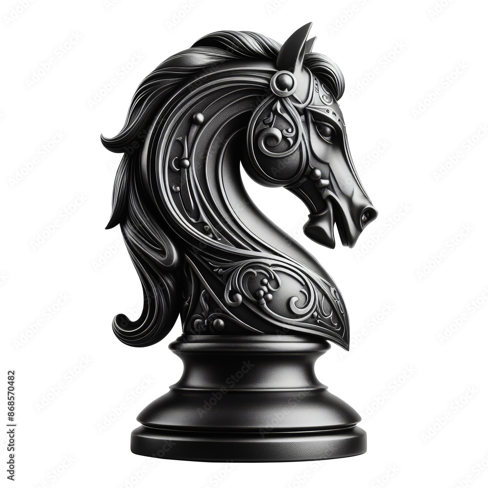 Black decorated chess knight piece, Horse Chess piece isolated on ...
