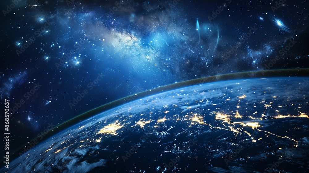 Obraz premium Planet Earth Illuminated by City Lights at Night in Outer Space with Stars
