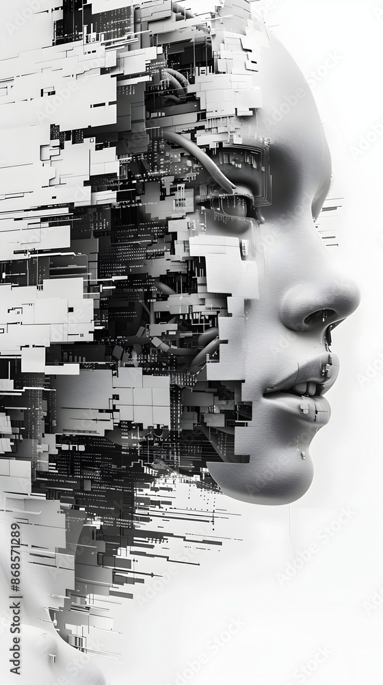 Fragmented Digital Portrait with Abstract Shapes and Screens Fragmented Digital Portrait with Abstract Shapes and Screens