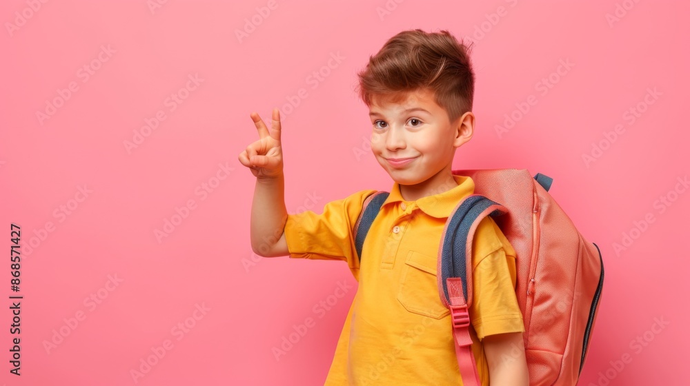 Photo of positive boy kid point finger copyspace hold rucksack isolated pastel color background Photo of positive boy kid point finger copyspace hold rucksack isolated pastel color background
