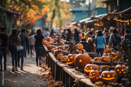 Busy Halloween Festival Streets Filled with Walking Crowds