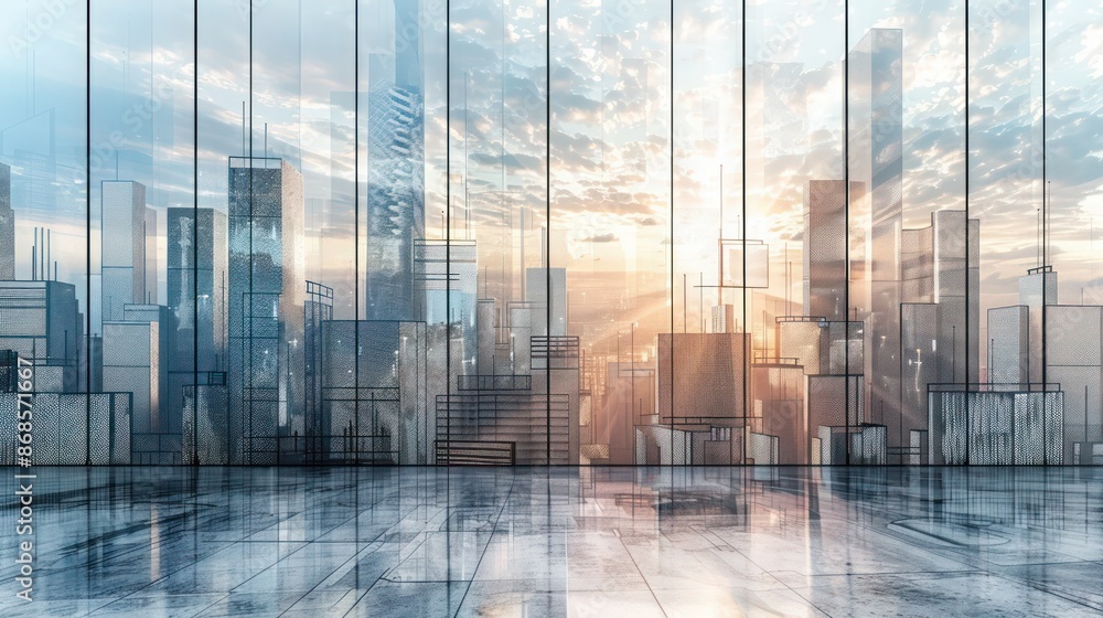 Screen wall featuring panels of etched metal that depict an urban skyline, each panel subtly different to create a panoramic effect Screen wall featuring panels of etched metal that depict an urban skyline, each panel subtly different to create a panoramic effect