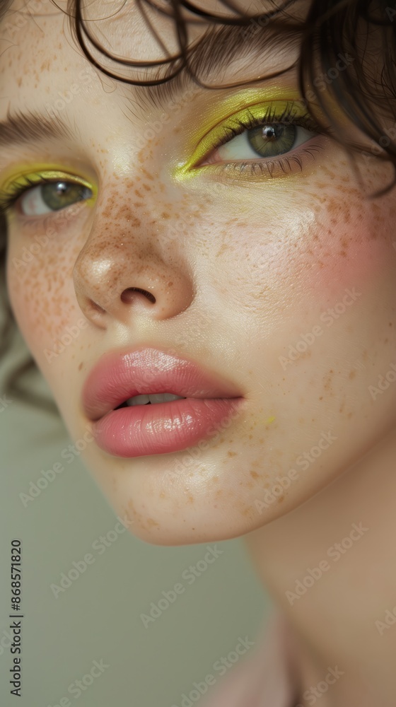 This image is a close-up portrait of a woman with yellow eyeshadow and freckles. This image is a close-up portrait of a woman with yellow eyeshadow and freckles.