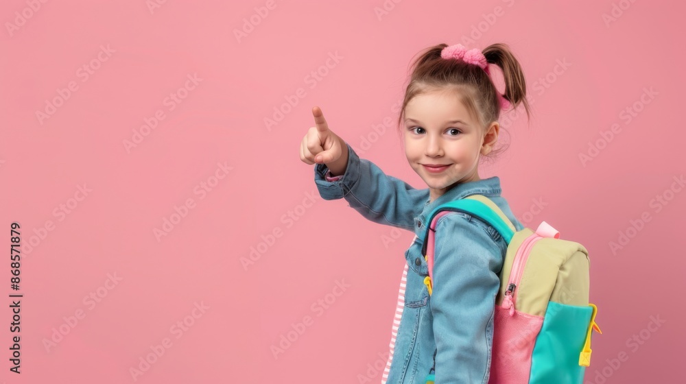 Photo of positive girl kid point finger copyspace hold rucksack isolated pastel color background Photo of positive girl kid point finger copyspace hold rucksack isolated pastel color background