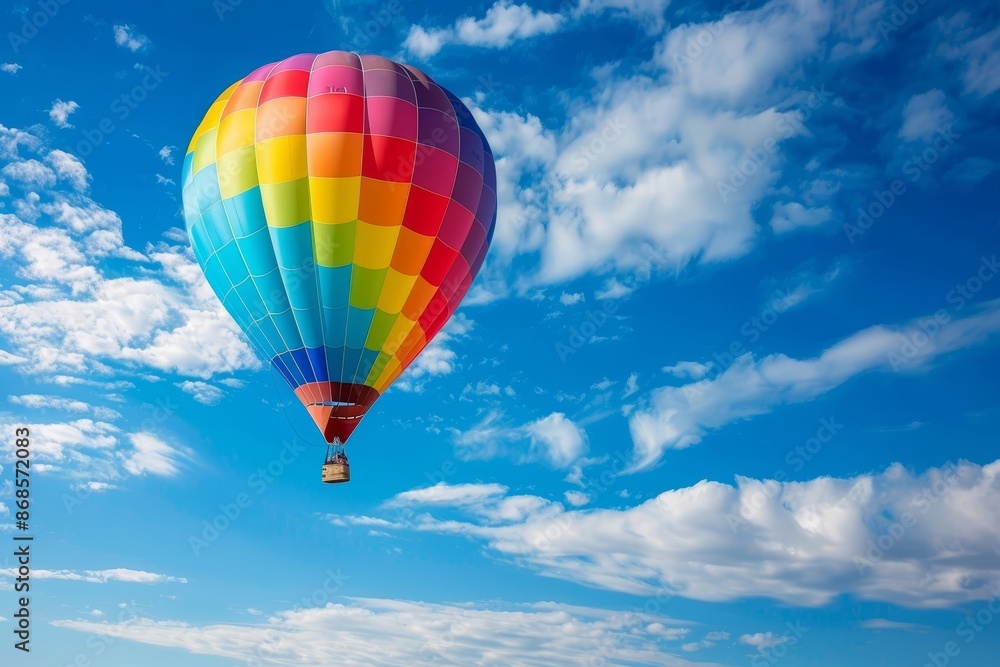 Colorful hot air balloon soaring in blue sky for an adventurous and exciting escape Colorful hot air balloon soaring in blue sky for an adventurous and exciting escape
