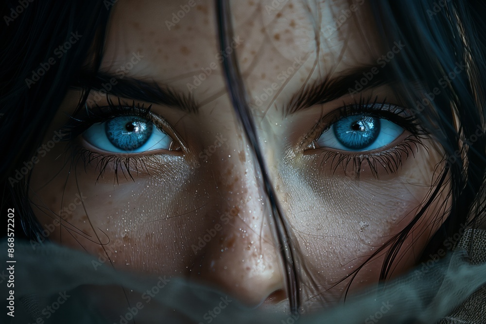 A close-up black and white portrait of a woman with striking blue eyes. Her face is partially obscured by a veil, creating a sense of mystery and intrigue. A close-up black and white portrait of a woman with striking blue eyes. Her face is partially obscured by a veil, creating a sense of mystery and intrigue.