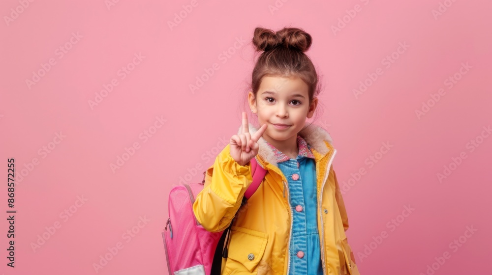 Photo of positive girl kid point finger copyspace hold rucksack isolated pastel color background Photo of positive girl kid point finger copyspace hold rucksack isolated pastel color background