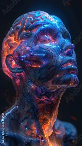 Surreal Digital Brain Head Exploring Organic and Digital Intersection with Vibrant Colors