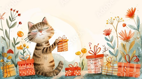 A playful cat unwrapping gifts under the hot sun, summer landscape, watercolor style, warm tones, joyful holiday atmosphere