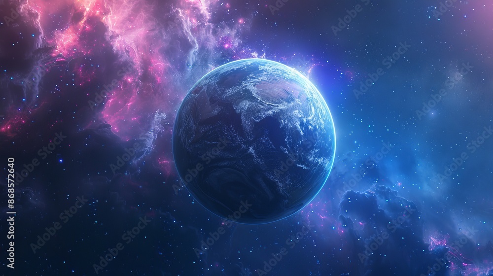 Obraz premium Exo-Planet in Outer Space with Neon Galaxy Portal - Fantasy Alien Landscape, 3D Illustration