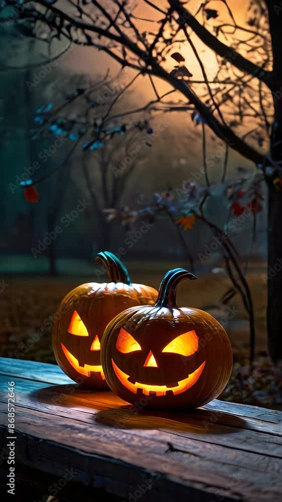carved jack-o'-lanterns with glowing faces are placed on a wooden table outdoors carved jack-o'-lanterns with glowing faces are placed on a wooden table outdoors