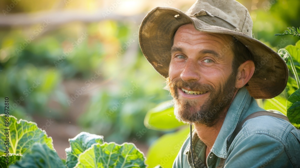 Portrait, farmer and man with smile, vegetables and agriculture with sunshine, fresh food and sustainability. Organic product Portrait, farmer and man with smile, vegetables and agriculture with sunshine, fresh food and sustainability. Organic product