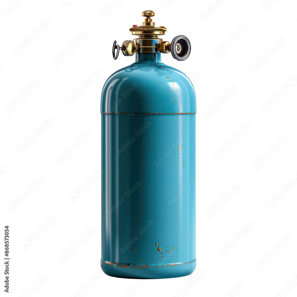 Blue gas cylinder with brass valve on white background, industrial equipment for compressed gas storage and supply. Blue gas cylinder with brass valve on white background, industrial equipment for compressed gas storage and supply.