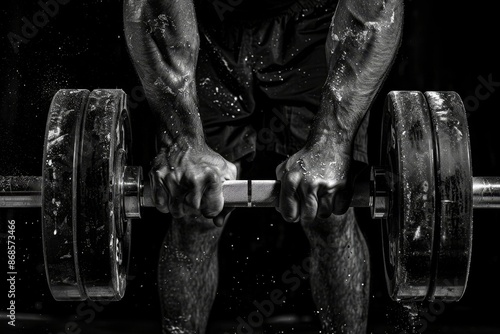 Focused weightlifter s hands on barbell  symbol of strength and determination in olympic sport
