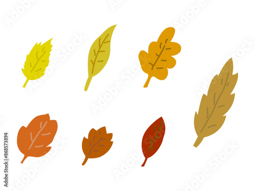 Set (pack) of seven hand drawn autumn leaves (leaf shapes), isolated on white background (backdrop). Different colors. Nature. Environment. Vector illustration.