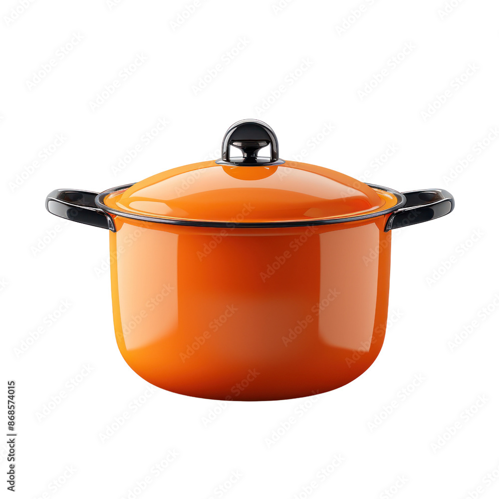 Orange enameled cast iron pot with lid and handles on white background, ideal for cooking, baking, and kitchen decor. Orange enameled cast iron pot with lid and handles on white background, ideal for cooking, baking, and kitchen decor.