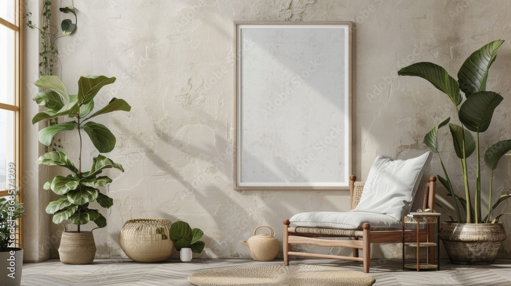 Poster mockup with vertical wooden frame in home interior background Poster mockup with vertical wooden frame in home interior background
