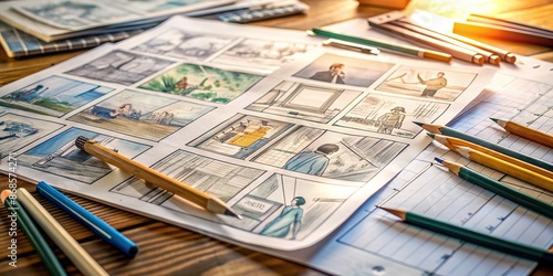 A cluster of papers and pencils scattered on a desk, with a storyboard unfolding, featuring hand-drawn scenes and notes, bringing a film's narrative to life. photo