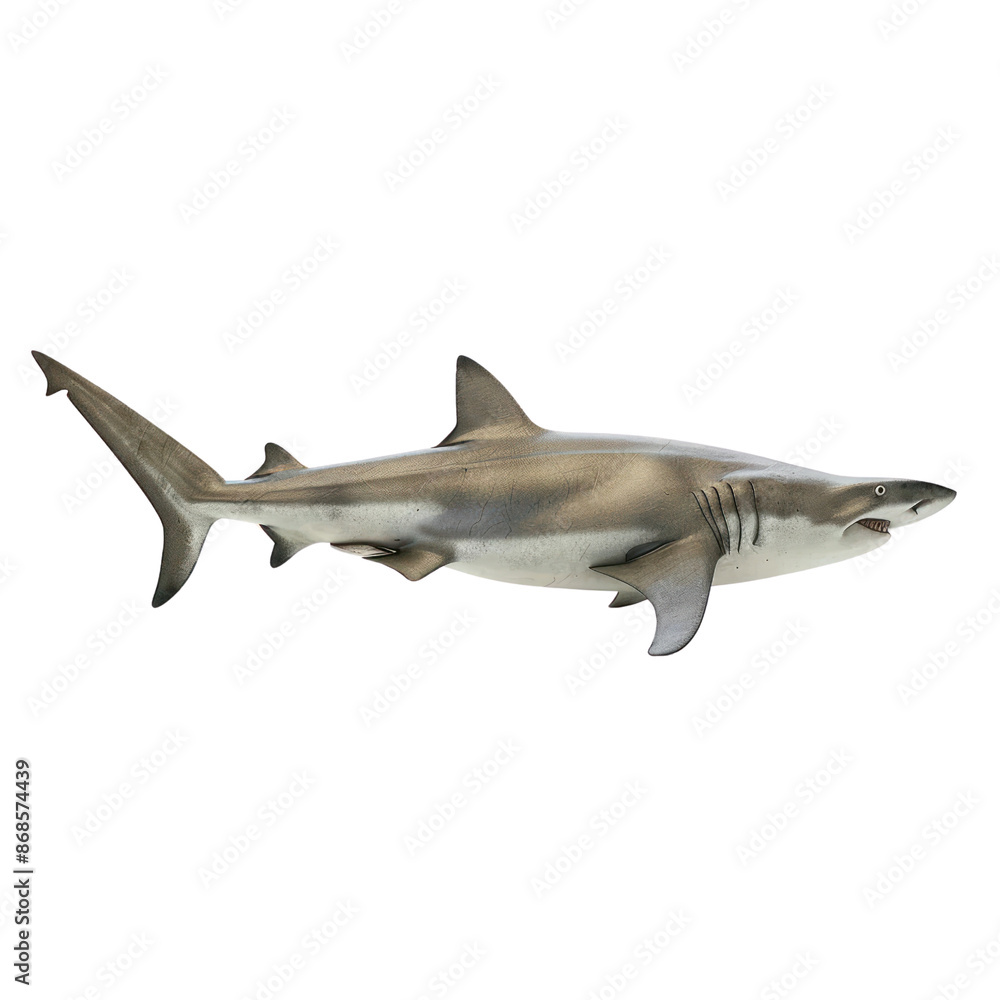 Naklejka premium Realistic image of a great white shark swimming alone in the ocean, showcasing the sleek and powerful predator.