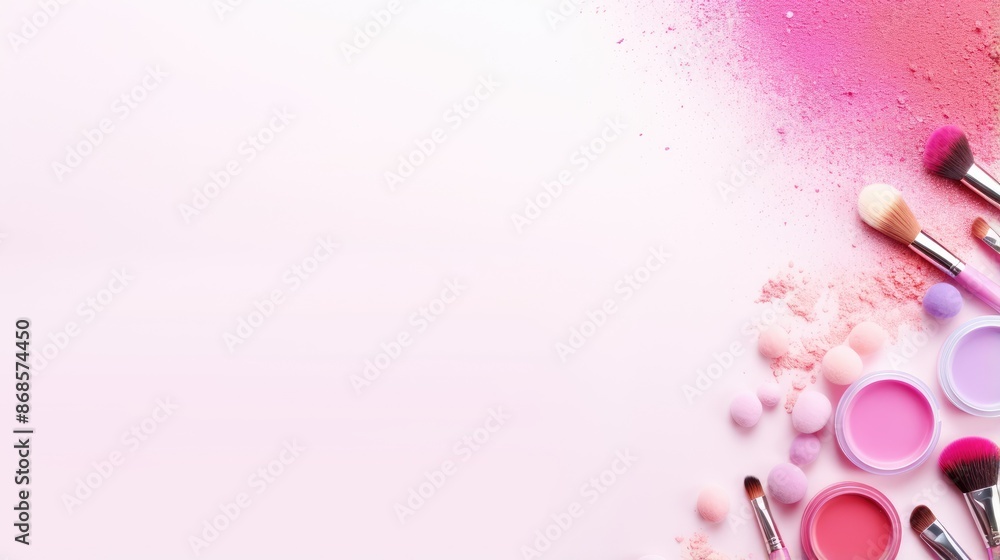 Top view make-up and cosmetics various on pink colors background