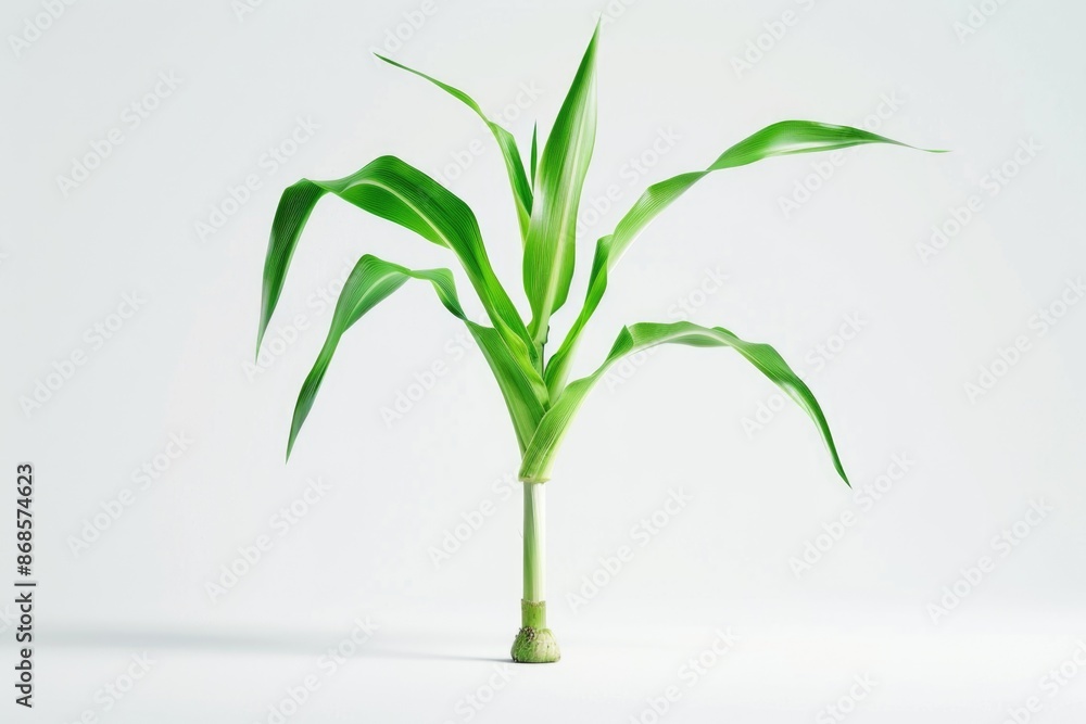 Fototapeta premium A small plant with green leaves growing on a white surface, possibly a desk or table