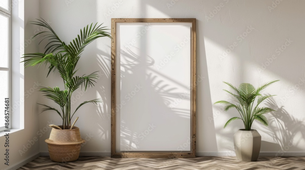 Fototapeta premium Poster mockup with vertical wooden frame in home interior background