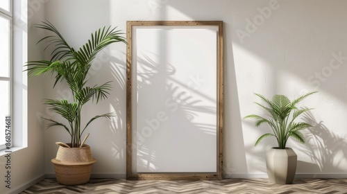 Poster mockup with vertical wooden frame in home interior background © Adi