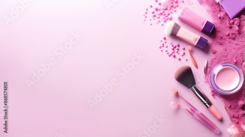 Top view make-up and cosmetics various on pink colors background