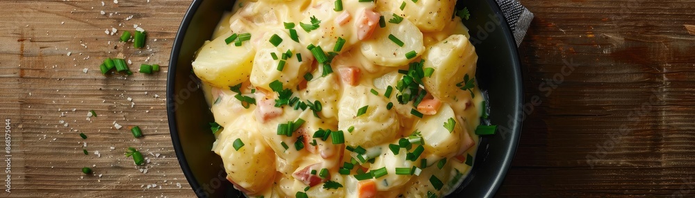 Delicious creamy potato salad with fresh herbs in a bowl on a wooden table, perfect for a side dish or summer picnic. Delicious creamy potato salad with fresh herbs in a bowl on a wooden table, perfect for a side dish or summer picnic.