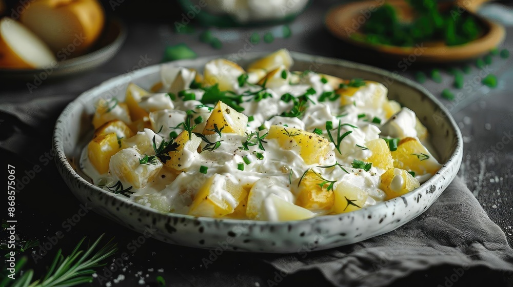Close-up of a creamy potato salad garnished with fresh herbs, served in a rustic bowl on a dark textured background. Close-up of a creamy potato salad garnished with fresh herbs, served in a rustic bowl on a dark textured background.