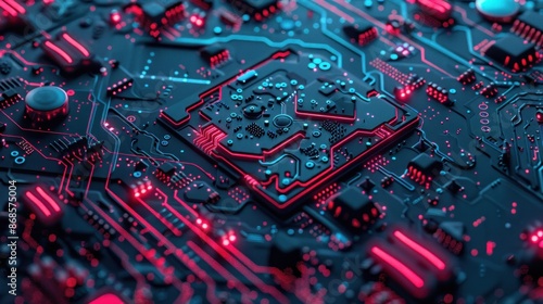 Abstract Circuitry with Red and Blue Glowing Lines