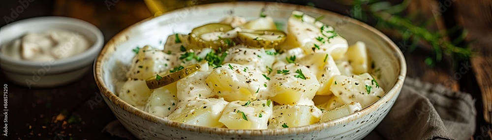 Delicious homemade potato salad served in a rustic bowl, garnished with pickles and fresh herbs, perfect for a summer picnic or barbecue. Delicious homemade potato salad served in a rustic bowl, garnished with pickles and fresh herbs, perfect for a summer picnic or barbecue.