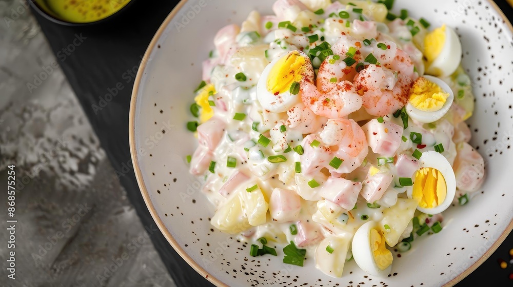 Delicious seafood salad with shrimp, diced potatoes, and eggs, garnished with fresh herbs, served in a stylish white bowl. Delicious seafood salad with shrimp, diced potatoes, and eggs, garnished with fresh herbs, served in a stylish white bowl.