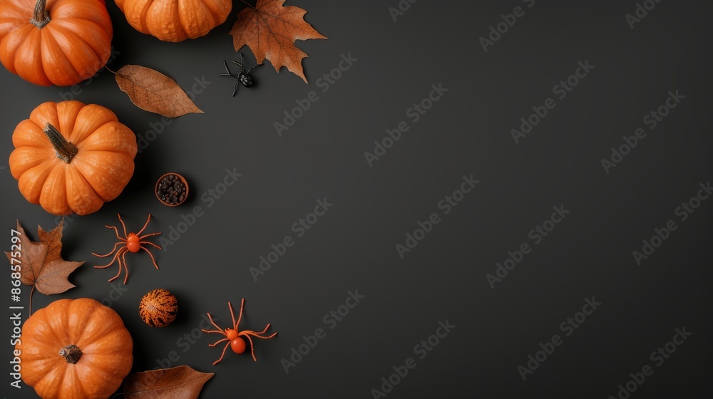 Halloween flat lay mockup with creepy spiders, festive decorations, and intricate spider webs on a black background, perfect for autumn holiday themes, top view, copy space Halloween flat lay mockup with creepy spiders, festive decorations, and intricate spider webs on a black background, perfect for autumn holiday themes, top view, copy space